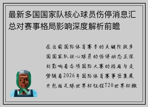 最新多国国家队核心球员伤停消息汇总对赛事格局影响深度解析前瞻